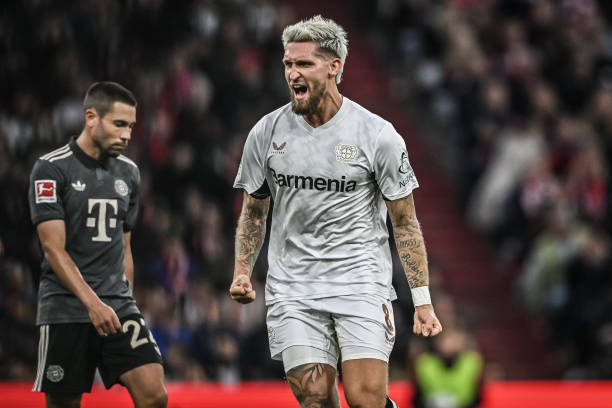 Bayern Munich vs Bayer Leverkusen Review: Robert Andrich celebrates during the Bundesliga match between Bayern Munich and Bayer Leverkusen at the Allianz Arena on 28th September, 2024.