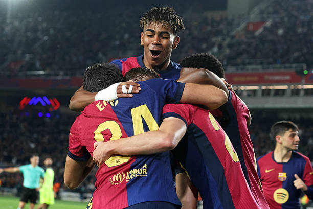 Barcelona vs Mallorca Review: Barcelona players celebrate during the La Liga match between Barcelona and Mallorca at the Estadi Olimpic Lluis Companys on April 22, 2025.