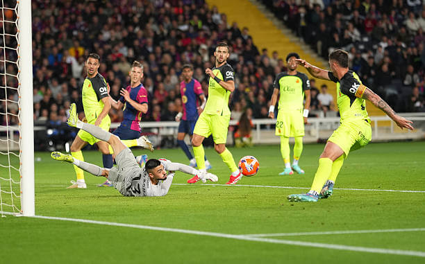 Barcelona vs Mallorca Review: Leo Roman makes a save during the La Liga match between Barcelona and Mallorca at the Estadi Olimpic Lluis Companys on April 22, 2025.