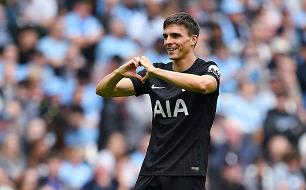 Manchester City vs Tottenham Review: Joao Palhinha celebrates his goal during the Premier League match between Manchester City and Tottenham at the Etihad Stadium on August 23, 2025.