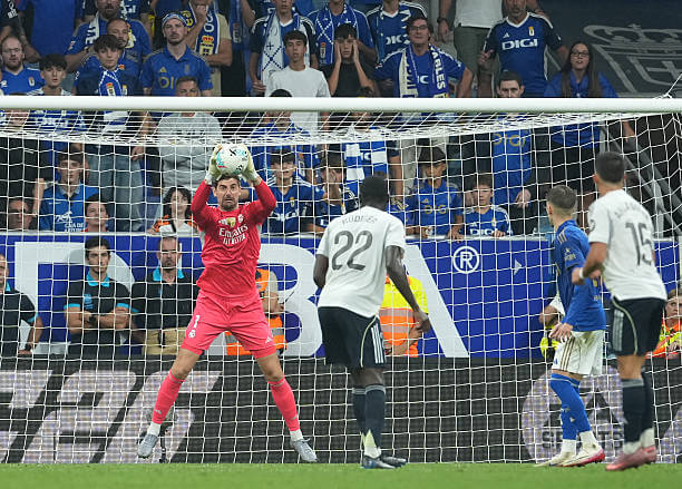 Real Oviedo vs Real Madrid Review: Thibaut Courtois in action during the La Liga match between Real Oviedo and Real Madrid at the Estadio Municipal Carlos Tartiere on August 24, 2025.