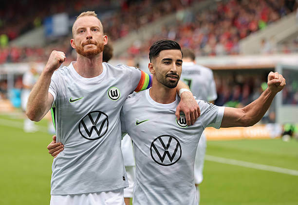 Bundesliga Roundup, Matchday 1: Mohamed Amoura celebrates his goal with Maximlian Arnold during the Bundesliga match between Heidenheim and VfL Wolfsburg at the Voith-Arena on August 23, 2025.