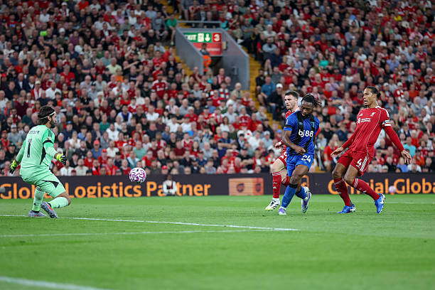 Liverpool vs Bournemouth Review: Antoine Semenyo scores his first goal of the game during the Premier League match between Liverpool and Bournemouth at Anfield on August 15, 2025.