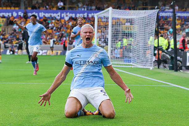 Wolves vs Manchester City Review: Erling Haaland celebrates after scoring his second goal during the Premier League match between Wolves and Manchester City at the Molineux Stadium on August 16, 2025.