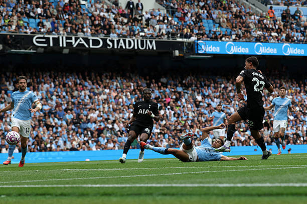 Manchester City vs Tottenham Review: Brennan Johnson scores during the Premier League match between Manchester City and Tottenham at the Etihad Stadium on August 23, 2025.