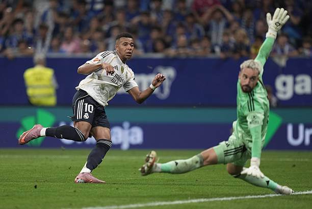 Real Oviedo vs Real Madrid Review: Kylian Mbappé scores his second goal of the game during the La Liga match between Real Oviedo and Real Madrid at the Estadio Municipal Carlos Tartiere on August 24, 2025.