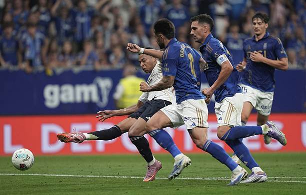 Real Oviedo vs Real Madrid Review: Kylian Mbappé scores his first goal of the game during the La Liga match between Real Oviedo and Real Madrid at the Estadio Municipal Carlos Tartiere on August 24, 2025.