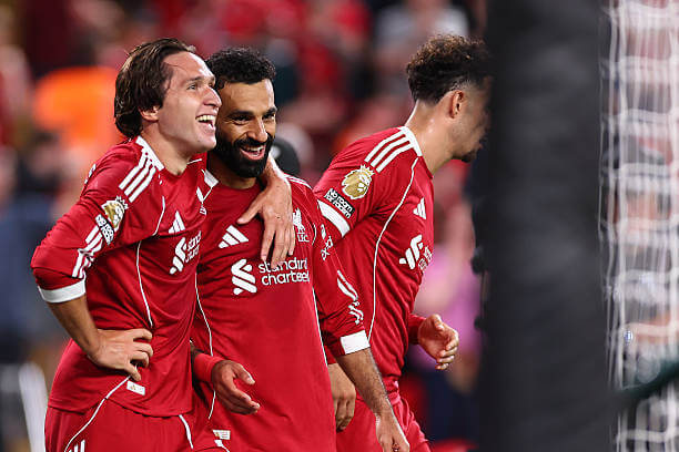 Liverpool vs Bournemouth Review: Mohamed Salah celebrates his goal with Federico Chiesa during the Premier League match between Liverpool and Bournemouth at Anfield on August 15, 2025.