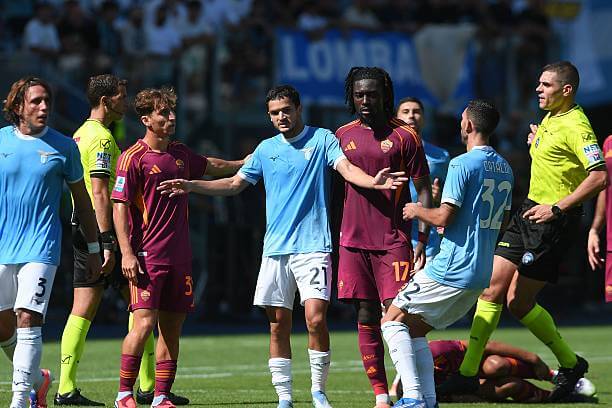 Lazio vs AS Roma Review: Reda Belahyane reacts after he received a red card during the Serie A match between Lazio and AS Roma at the Stadio Olimpico on September 21, 2025.