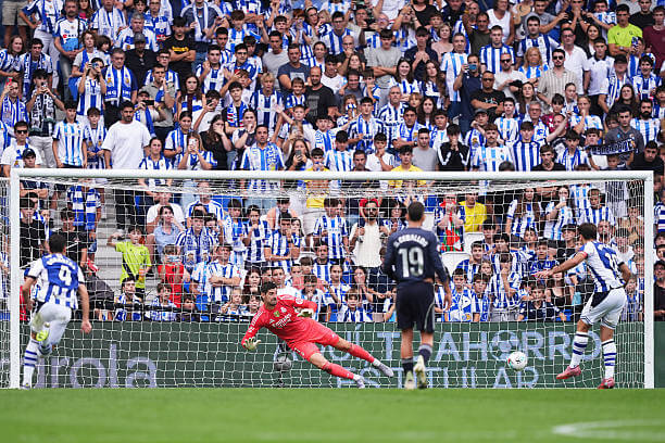 Real Sociedad vs Real Madrid Review: Mikel Oyarzabal scores from the penalty spot during the La Liga match between Real Sociedad and Real Madrid at the Reale Arena on September 13, 2025.