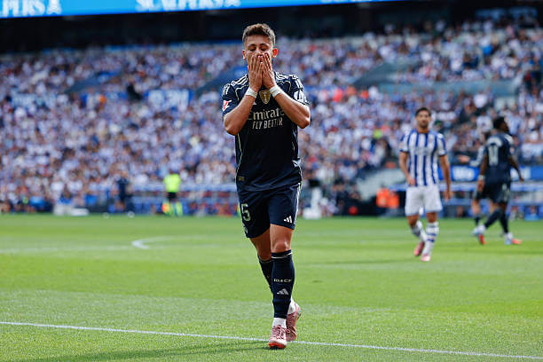 Real Sociedad vs Real Madrid Review: Arda Guler celebrates his goal during the La Liga match between Real Sociedad and Real Madrid at the Reale Arena on September 13, 2025.
