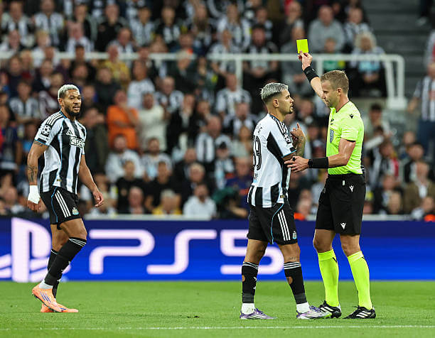 Newcastle vs Barcelona Review: Joelinton is shown a yellow card by Referee Glenn Nyberg during the UEFA Champions League 2025/26 League Phase MD1 match between Newcastle and Barcelona at St James' Park on September 18, 2025.