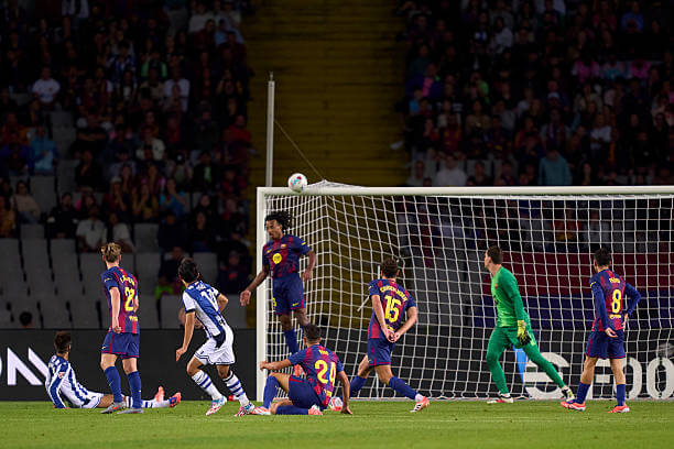 Barcelona vs Real Sociedad Review: Takefusa Kubo hits the crossbar during the La Liga match between Barcelona and Real Sociedad at the Estadi Olimpic Lluis Companys on September 28, 2025.