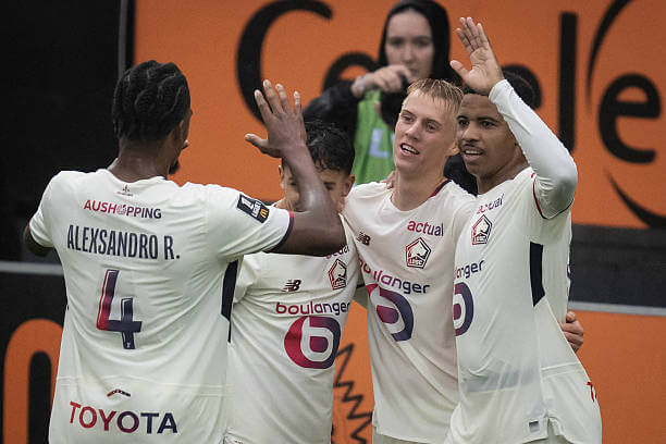 Ligue 1 Roundup, Matchday 3: Hakon Arnar Haraldsson celebrates his goal with his teammates during the Ligue 1 match between Lorient and Lille at Yves-Allainmat stadium on August 30, 2025.