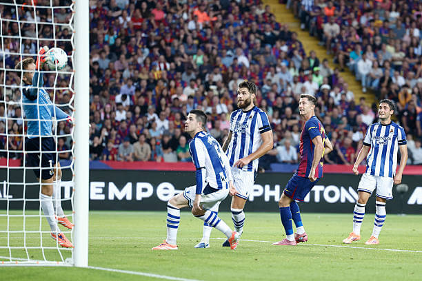 Barcelona vs Real Sociedad Review: Alex Remiro in action during the La Liga match between Barcelona and Real Sociedad at the Estadi Olimpic Lluis Companys on September 28, 2025.