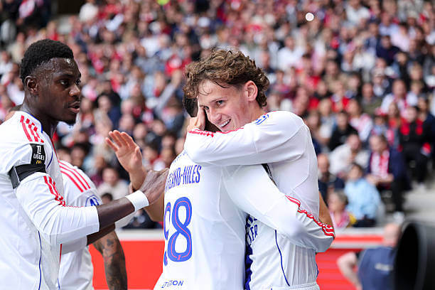 Ligue 1 Roundup, Matchday 6: Tyler Morton celebrates his goal with Ainsley Maitland Niles during the Ligue 1 match between Lille and Lyon at Stade Pierre Mauroy on September 28, 2025.