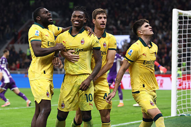 Serie A Roundup, Matchday 7: Rafael Leao celebrates his second goal of the game with his teammates during the Serie A match between AC Milan and Fiorentina at the San Siro on October 19, 2025.
