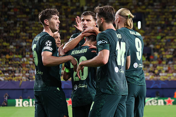 Villarreal vs Manchester City Review: Manchester City players celebrate during the UEFA Champions League 2025/26 League Phase MD3 match between Villarreal and Manchester City at the Estadio de la Ceramica on October 21, 2025.