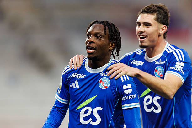 Ligue 1 Roundup, Matchday 7: Martial Godo celebrates his goal during the Ligue 1 match between Strasbourg and Angers at Stade de la Meinau on October 5, 2025.