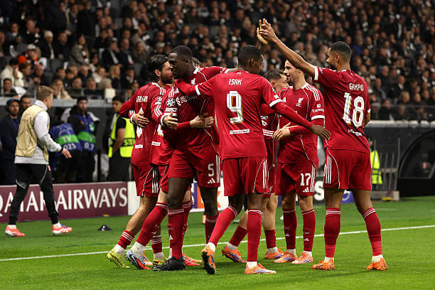 Frankfurt vs Liverpool Review: Liverpool players celebrate during the UEFA Champions League 2025/26 League Phase MD3 match between Frankfurt and Liverpool at the Deutsche Bank Park on October 22, 2025.