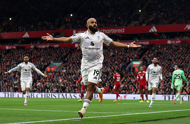 Liverpool vs Manchester United Review: Bryan Mbeumo celebrates his goal during the Premier League match between Liverpool and Manchester United at Anfield on October 19, 2025.