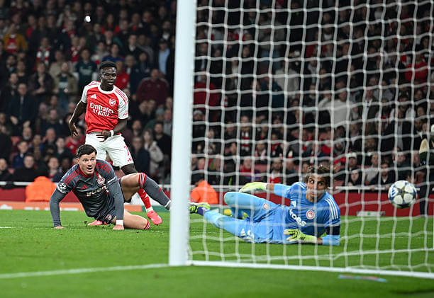 Arsenal vs Olympiacos Review: Bukayo Saka scores during the UEFA Champions League 2025/26 League Phase MD2 match between Arsenal and Olympiacos at the Emirates Stadium on October 01, 2025.