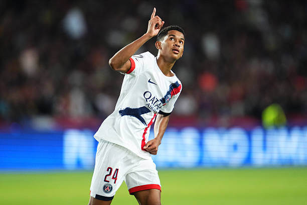 Barcelona vs PSG Review: Senny Mayulu celebrates his goal during the UEFA Champions League 2025/26 League Phase MD2 match between Barcelona and PSG at the Estadi Olimpic Lluis Companys on October 01, 2025.
