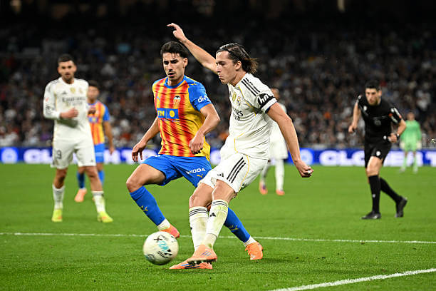 Real Madrid vs Valencia Review: Alvaro Carreras scores during the La Liga match between Real Madrid and Valencia at the Bernabeu on November 1, 2025.