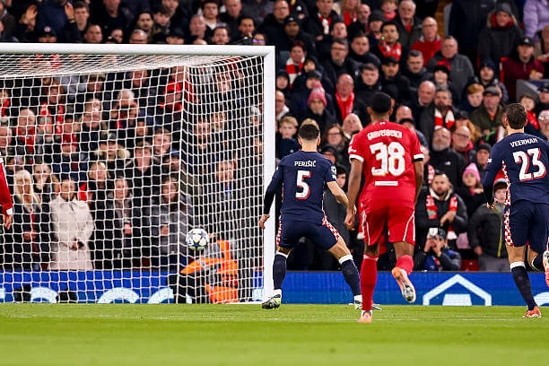 Liverpool vs PSV Review: Ivan Perisic scores from the penalty spot during the UEFA Champions League 2025/26 League Phase MD5 match between Liverpool and PSV Eindhoven at Anfield on November 26, 2025.