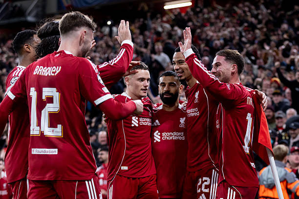 Liverpool vs Real Madrid Review: Alexis Mac Allister celebrates his goal with his teammates during the UEFA Champions League 2025/26 League Phase MD4 match between Liverpool and Real Madrid at Anfield on November 4, 2025.