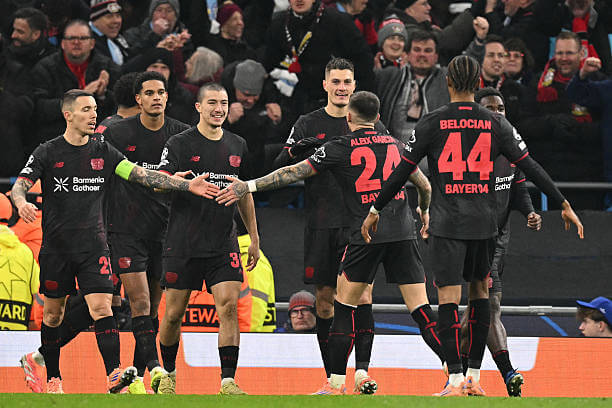 Manchester City vs Bayer Leverkusen Review: Patrik Schick celebrates his goal with his teammates during the UEFA Champions League 2025/26 League Phase MD5 match between Manchester City and Bayer Leverkusen at the Etihad Stadium on November 25, 2025.