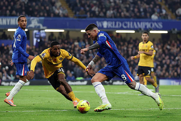 Chelsea vs Wolves Review: Enzo Fernandez in action during the Premier League match between Chelsea and Wolves at Stamford Bridge on November 08, 2025.