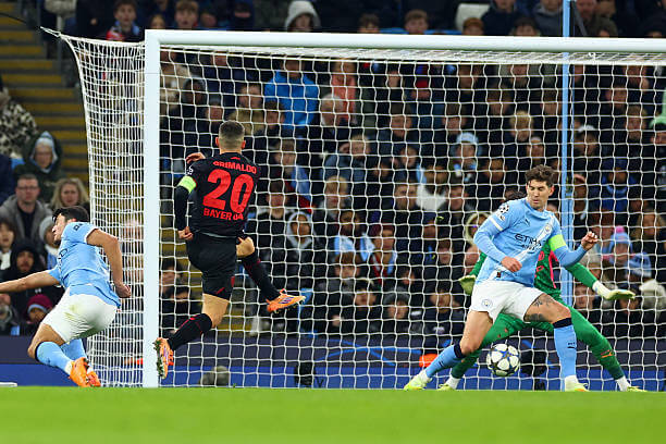Manchester City vs Bayer Leverkusen Review: Alejandro Grimaldo scores during the UEFA Champions League 2025/26 League Phase MD5 match between Manchester City and Bayer Leverkusen at the Etihad Stadium on November 25, 2025.