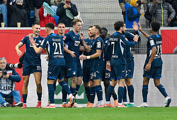 Bundesliga Roundup, Matchday 10: Hoffenheim players celebrate during the Bundesliga match between Hoffenheim and RB Leipzig at the PreZero Arena on November 08, 2025.