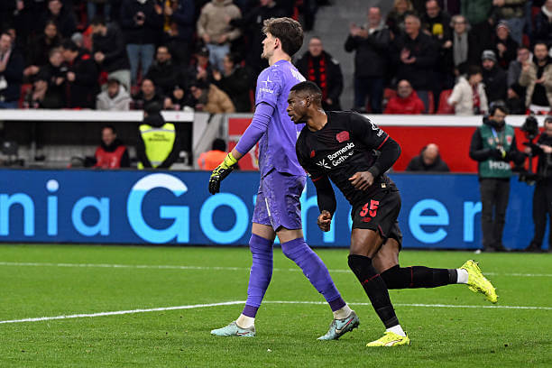 Bayer Leverkusen vs Dortmund Review: Christian Kofane celebrates his goal during the Bundesliga match between Bayer Leverkusen and Dortmund at the BayArena on November 29, 2025.