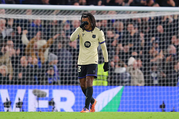 Chelsea vs Barcelona Review: Jules Kounde looks dejected after scoring an own goal during the UEFA Champions League 2025/26 League Phase MD5 match between Chelsea and Barcelona at Stamford Bridge on November 25, 2025.