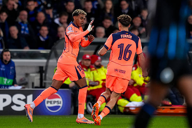 Club Brugge vs Barcelona Review: Lamine Yamal celebrates with Fermin Lopez after Christos Tzolis scored an own goal during the UEFA Champions League 2025/26 League Phase MD4 match between Club Brugge and Barcelona at the Jan Breydel Stadion on November 5, 2025.