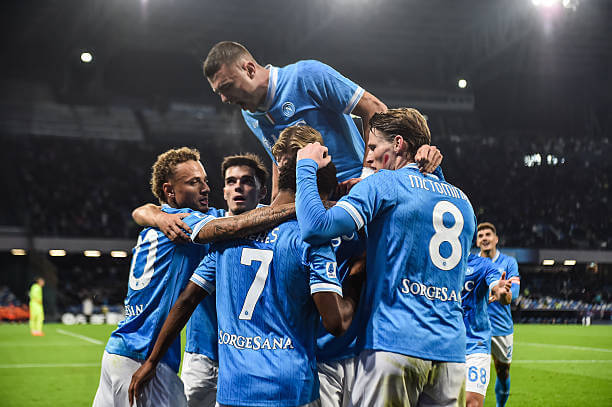 Napoli vs Atalanta Review: Napoli players celebrate during the Serie A match between Napoli and Atalanta at the Stadio Diego Armando Maradona on 22 November 2025.