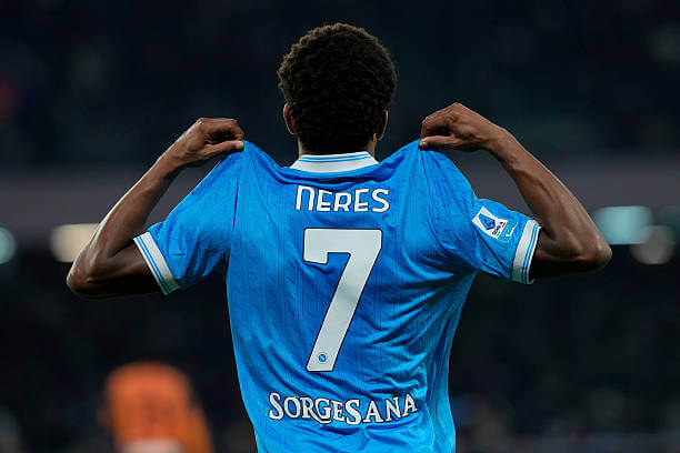 Napoli vs Atalanta Review: David Neres celebrates his first goal of the game during the Serie A match between Napoli and Atalanta at the Stadio Diego Armando Maradona on 22 November 2025.