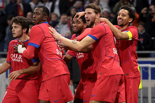 Ligue 1 Roundup, Matchday 12: Joao Neves celebrates his goal with his teammates during the Ligue 1 match between Lyon and PSG at the Groupama Stadium on November 9, 2025.