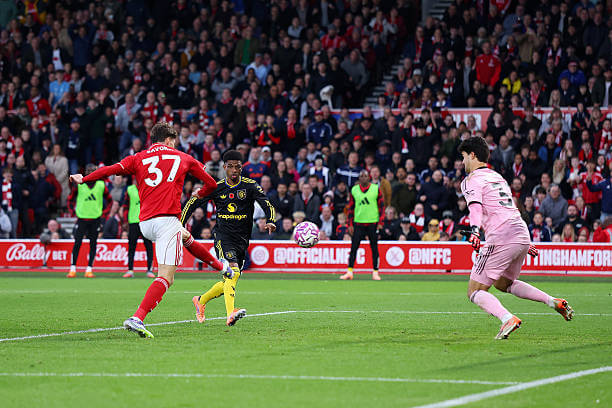 Nottingham Forest vs Manchester United: Nicolo Savona scores during the Premier League match between Nottingham Forest and Manchester United at the City Ground on November 01, 2025.