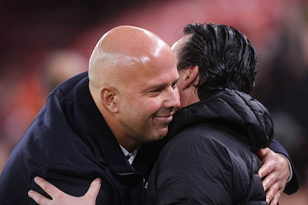 Liverpool vs Aston Villa Review: Arne Slot embraces Unai Emery before the Premier League match between Liverpool and Aston Villa at Anfield on November 1, 2025.