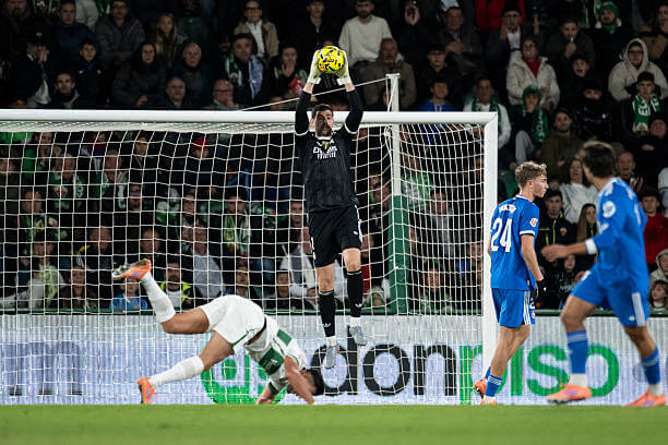 Elche vs Real Madrid Review: Thibaut Courtois in action during the La Liga match between Elche and Real Madrid at the Estadio Manuel Martinez Valero on November 23, 2025.