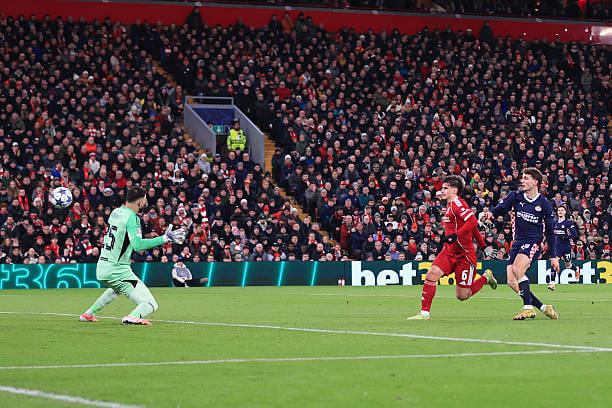 Liverpool vs PSV Review: Guus Til scores during the UEFA Champions League 2025/26 League Phase MD5 match between Liverpool and PSV Eindhoven at Anfield on November 26, 2025.