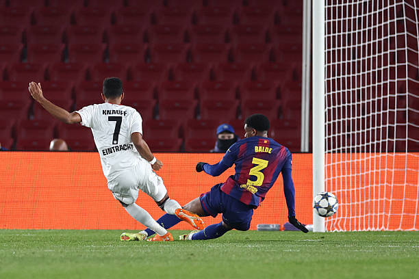 Barcelona vs Frankfurt Review: Ansgar Knauff scores during the UEFA Champions League 2025/26 League Phase MD6 match between Barcelona and Frankfurt at the Camp Nou on December 09, 2025.