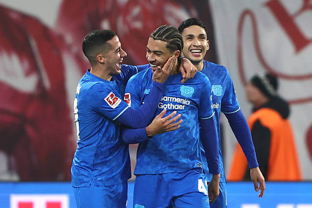 RB Leipzig vs Leverkusen Review: Montrell Culbreath celebrates his goal with his teammates during the Bundesliga match between RB Leipzig and Bayer Leverkusen at the Red Bull Arena on December 20, 2025.
