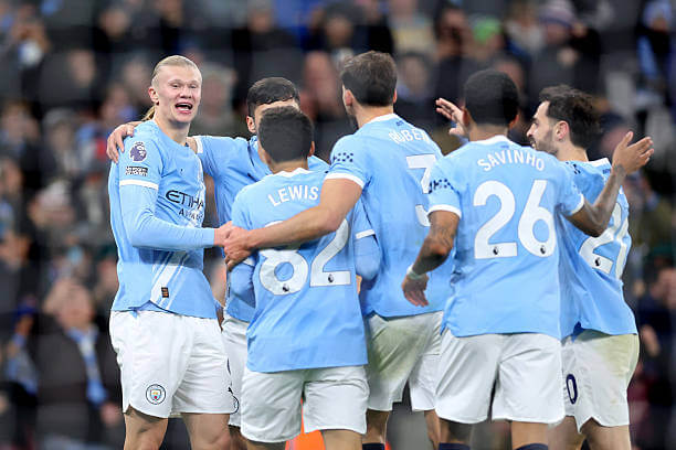 Manchester City vs West Ham Review: Erling Haaland celebrates his second goal with his teammates during the Premier League match between Manchester City and West Ham at the Etihad Stadium on December 20, 2025.