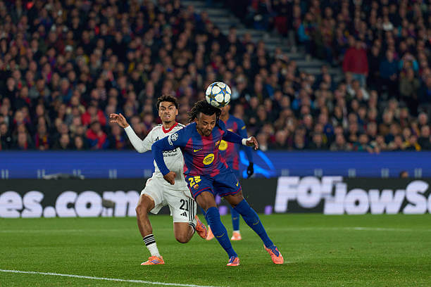 Barcelona vs Frankfurt Review: Jules Kounde scores his first goal of the game during the UEFA Champions League 2025/26 League Phase MD6 match between Barcelona and Frankfurt at the Camp Nou on December 09, 2025.