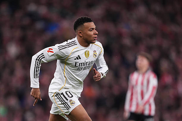 Athletic Bilbao vs Real Madrid Review: Kylian Mbappe celebrates his first goal of the game during the La Liga match between Athletic Bilbao and Real Madrid at San Mames on December 03, 2025.