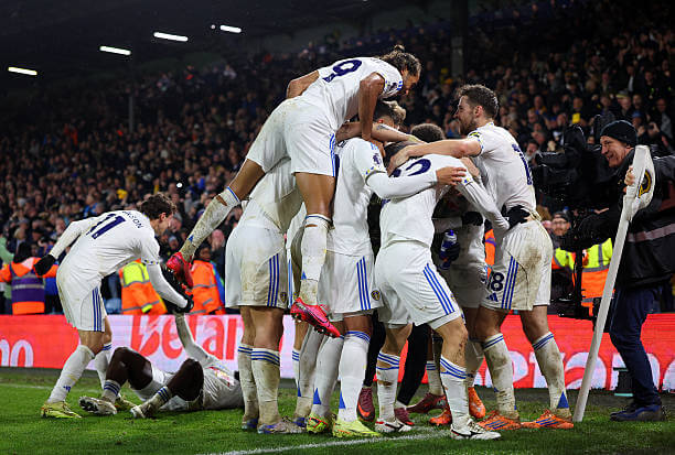 Leeds vs Liverpool Review: Ao Tanaka celebrates his goal with his teammates during the Premier League match between Leeds and Liverpool at Elland Road on December 6, 2025.